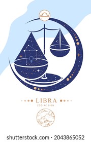 Modern magic witchcraft card with astrology Libra zodiac sign. Zodiac characteristic