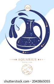 Modern magic witchcraft card with astrology Aquarius zodiac sign. Zodiac characteristic