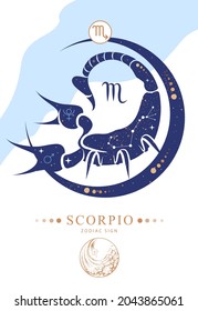 Tarjeta de brujería mágica moderna con signo de astrología Scorpio zodiac. Característica del zodiaco