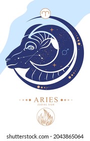 Tarjeta de brujería mágica moderna con signo Aries zodiac astrología. Característica del zodiaco