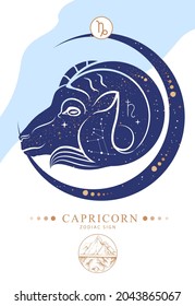 Modern magic witchcraft card with astrology Capricorn zodiac sign. Zodiac characteristic