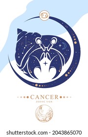 Tarjeta de brujería mágica moderna con signo de astrología Cáncer de zodiaco. Característica del zodiaco