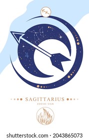 Tarjeta de brujería mágica moderna con signo de astrología Sagittarius zodiac. Característica del zodiaco