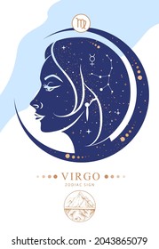 Modern magic witchcraft card with astrology Virgo zodiac sign. Zodiac characteristic