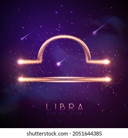 Modern magic witchcraft card with astrology glittering golden Libra zodiac sign on outer space background