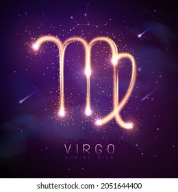 Modern magic witchcraft card with astrology glittering golden Virgo zodiac sign on outer space background