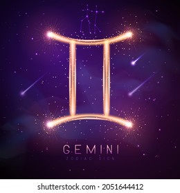 Modern magic witchcraft card with astrology glittering golden Gemini zodiac sign on outer space background