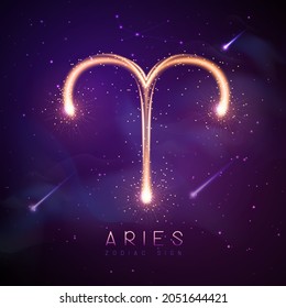 Modern magic witchcraft card with astrology glittering golden Aries zodiac sign on outer space background