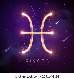 Moderne Hexenkarte mit Astrologie, glitzerndes goldenes Pisces zodiac-Zeichen auf Weltraum-Hintergrund