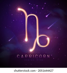 Modern magic witchcraft card with astrology glittering golden Capricorn zodiac sign on outer space background