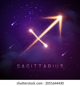 Modern magic witchcraft card with astrology glittering golden Sagittarius zodiac sign on outer space background