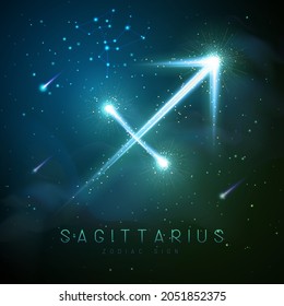 Moderne Hexenkarte mit Astrologie, glitzerndes goldenes Sagittarius zodiac-Zeichen auf Weltraum-Hintergrund