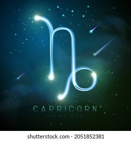 Modern magic witchcraft card with astrology glittering golden Capricorn zodiac sign on outer space background