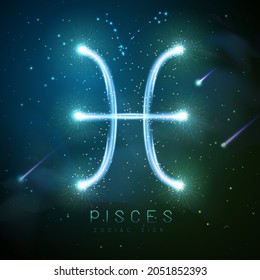 Tarjeta de brujería mágica moderna con signo de zodiaco de Pisces dorados brillantes en el fondo del espacio