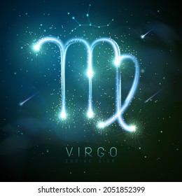 Modern magic witchcraft card with astrology glittering golden Virgo zodiac sign on outer space background