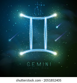 Moderne Hexenkarte mit Astrologie, glitzerndes goldenes Gemini-Zodiakzeichen auf Weltraum-Hintergrund