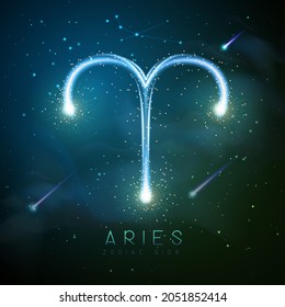 Tarjeta de brujería mágica moderna con la astrología brillando dorado Aries zodiac signo sobre el fondo del espacio ultraterrestre