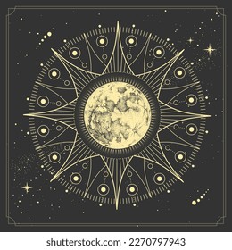 Modern magic witchcraft card with astrology full moon. Realistic hand drawing illustration of moon