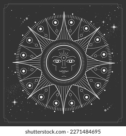 Modern magic witchcraft card with astrology sun sign with human face.Vector illustration of sun with human face