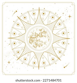 Modern magic witchcraft card with astrology full moon. Realistic hand drawing illustration of moon