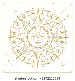 Modern magic witchcraft card with astrology sun sign with human face.Vector illustration of sun with human face