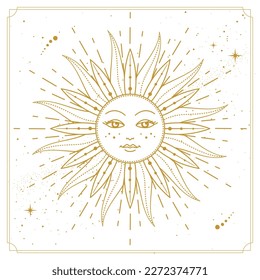 Tarjeta de brujería mágica moderna con signo de sol astrológico con rostro humano.Ilustración vectorial del sol con rostro humano