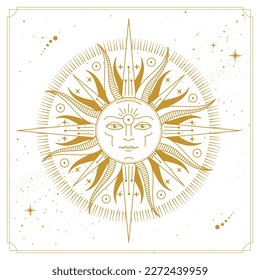 Modern magic witchcraft card with astrology sun sign with human face.Vector illustration of sun with human face