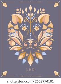 Cartão de bruxaria mágica moderna com astrologia Leo signo zodíaco com ornamento floral. Ilustração vetorial