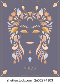 Modern magic witchcraft card with astrology Virgo zodiac sign with floral ornament. Vector illustration