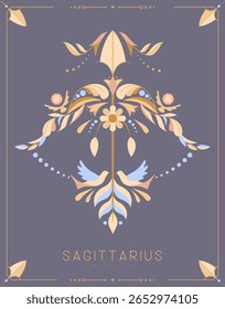 Modern magic witchcraft card with astrology Sagittarius zodiac sign with floral ornament. Vector illustration