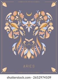 Modern magic witchcraft card with astrology Aries zodiac sign with floral ornament. Ram head with flowers. Vector illustration