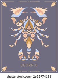 Modern magic witchcraft card with astrology Scorpio zodiac sign with floral ornament. Vector illustration