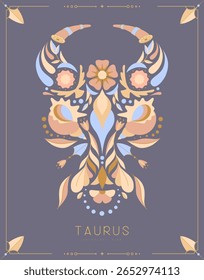 Modern magic witchcraft card with astrology Taurus zodiac sign with floral ornament. Vector illustration