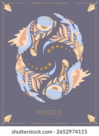 Modern magic witchcraft card with astrology Pisces zodiac sign with floral ornament. Vector illustration