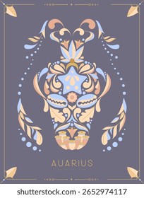 Modern magic witchcraft card with astrology Aquarius zodiac sign with floral ornament. Vector illustration