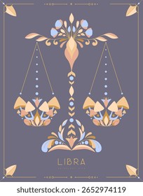 Modern magic witchcraft card with astrology Libra zodiac sign with floral ornament. Vector illustration