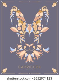 Cartão de bruxaria mágica moderna com astrologia sinal do zodíaco de Capricórnio com ornamento floral. Ilustração vetorial