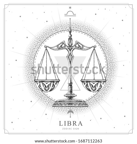 Modern magic witchcraft card with astrology Libra zodiac sign. Realistic hand drawing scales illustration