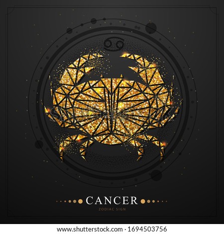 Modern magic witchcraft card with astrology golden Cancer zodiac sign. Golden Crab illustration in polygolan style on black background