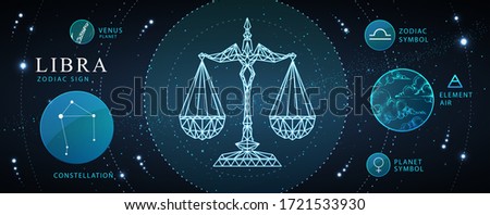 Modern magic witchcraft card with astrology Libra zodiac sign. Polygonal scales illustration. zodiac characteristic