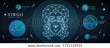 Modern magic witchcraft card with astrology neon Virgo zodiac sign. Polygonal woman head. Zodiac characteristic