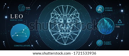 Modern magic witchcraft card with astrology Leo zodiac sign. Polygonal lion head. Zodiac characteristic