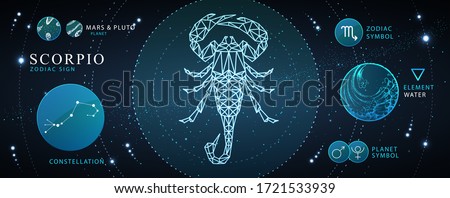 Modern magic witchcraft card with astrology Scorpio neon zodiac sign. Polygonal scorpion illustration. Zodiac characteristic
