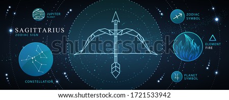 Modern magic witchcraft card with astrology Sagittarius neon zodiac sign. Polygonal Bow and arrow illustration. Zodiac characteristic