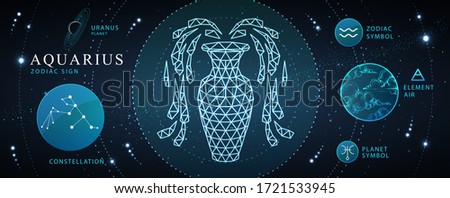Modern magic witchcraft card with astrology neon Aquarius zodiac sign. Polygonal water jug illustration. Zodiac characteristic
