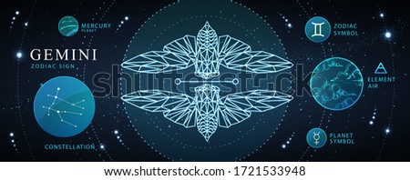 Modern magic witchcraft card with astrology Gemini zodiac sign. Polygonal butterfly or cicada illustration. Zodiac characteristic