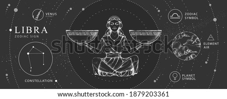 Modern magic witchcraft card with astrology Libra zodiac sign. Realistic hand drawing woman with scales. Zodiac characteristic