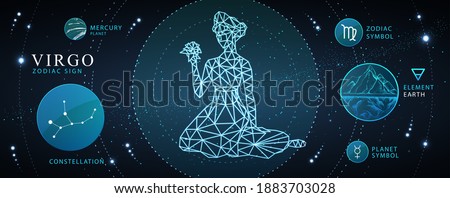 Modern magic witchcraft card with astrology Virgo zodiac sign. Polygonal woman head. Zodiac characteristic