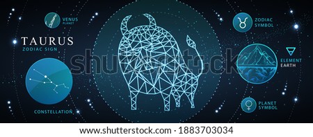Modern magic witchcraft card with astrology Taurus zodiac sign. Polygonal bull illustration. Zodiac characteristic