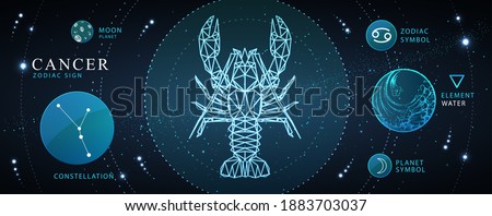Modern magic witchcraft card with astrology Cancer zodiac sign. Polygonal crab illustration. Zodiac characteristic